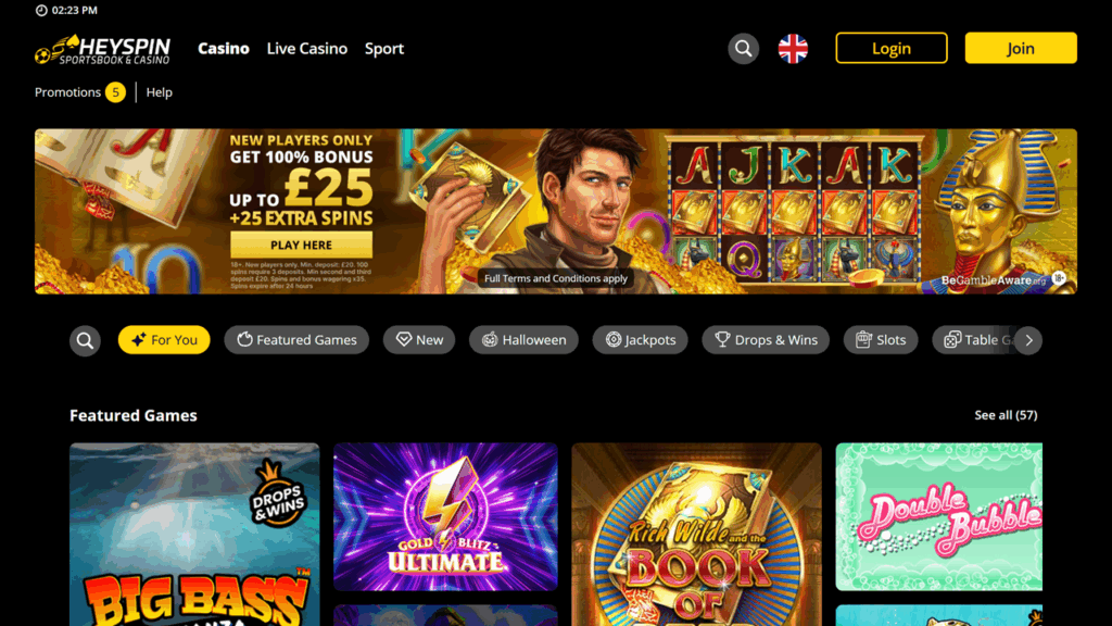 HeySpin casino lobby overview